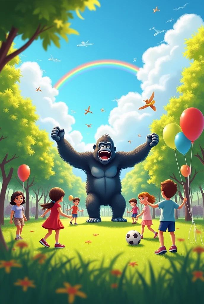 Children playing in the park, playing football, jumping rope, with balloon sellers, birds in the trees, with an image in the background of a giant, very happy gorilla with its arms raised behind the clouds, With the blue sky, clouds and rainbows