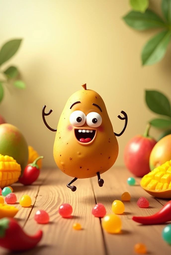 A cute kawaii animated brown potatoe, acting very crazy and dummy, dancing crazily on a table, surrounded by many mangoes, a lot of colorful gummies, and red chillies