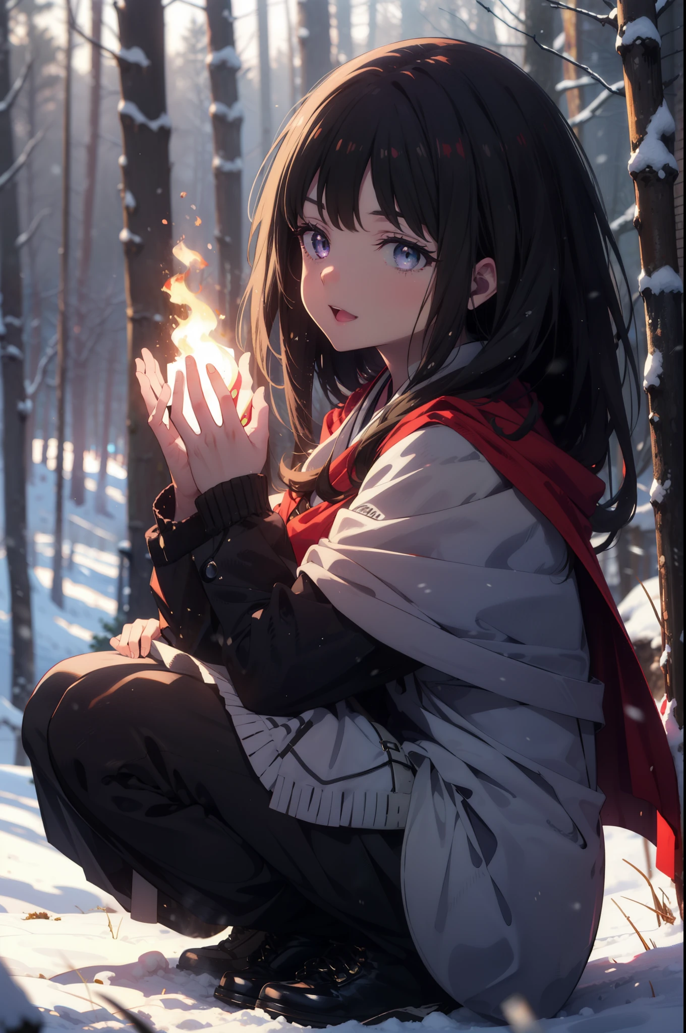 Takiuchi, Inoue Check, Long Hair, bangs, Black Hair, (Purple eyes:1.2),smile,
Open your mouth,snow, fire, Outdoor, boots, snowing, From the side, wood, suitcase, Cape, Blurred, forest,  nature, Squat,  Cape, winter, Written boundary depth, Black shoes, red Cape break looking at viewer, Upper Body, whole body, break Outdoor, forest, nature, break (masterpiece:1.2), Highest quality, High resolution, unity 8k wallpaper, (shape:0.8), (Beautiful and beautiful eyes:1.6), Highly detailed face, Perfect lighting, Highly detailed CG, (Perfect hands, Perfect ???????),
