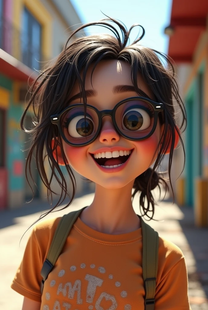 A teenage female with dark brown eyes, with broken hair, thick lips, high, thin and with a happy expression, put on  oakley glasses,3d render