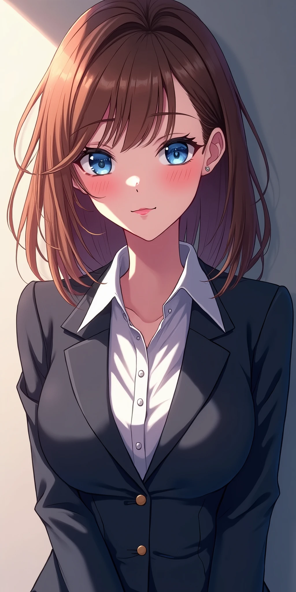 (best quality, ultra-detailed, photorealistic: 1.39), bright and vibrant colors, studio lighting, romantic expression, An effeminate girl, with a delicate and beautiful face. She is a girl who reflects seductive beauty, sparkling blue eyes, extremely beautiful woman, beautiful smile, perfect pink lips, a modern woman, business woman, female business suit, office, she has a curvy body, seduction, beautiful smile, perfect pink lips, she is in love, anime style, Anime