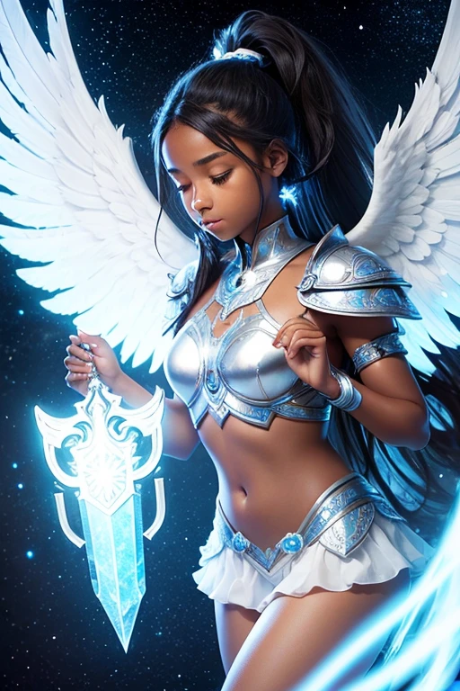 A young 15- yr old native European girl with lovely charminvg face,(dark skin texture masterpiece), (perfect full body detailed anatomy), (Super accessories detailed), (meditating ), (perfect detailed glowing bright eyes),(short ponytail illuminating blue crystalized hair)，Wearing transparent costume of an angel，holding a treasure septer & shield, illuminating different lights covers the sorrounding atmosphere Has beautiful large white wings, The character solemnly praying 