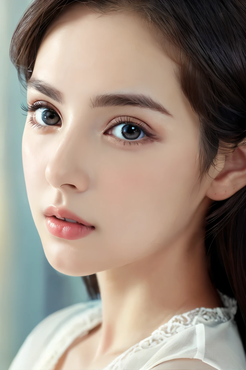 (((32k,high details,high detail、masterpiece,attention to detail,alone))),Raw photo & realistic atmosphere,beautiful dark blue eyes,detailed mouth,glossy lips,thin eyebrows,fine eyes、Soft white skin that shines in every detail、Her deep black eyes are very beautiful,lip details、very beautiful face,very well-shaped face、lifelike face,shining beautiful lips,beautiful eyebrows,infinite reality, Realistic Young idol sculpture,she'she'she'she'she'she'she's a very cute woman , idol sculpture, Young idol sculpture, Very beautiful and cute 22 year old beauty,incredibly beautiful and classy,22 year old beauty,natural soft light,(shiny hair,,Beautiful and kind eyes:1.5),gentle smile,well-shaped chest,medium long hair,beautiful posture,no makeup,think ahead,whole body,