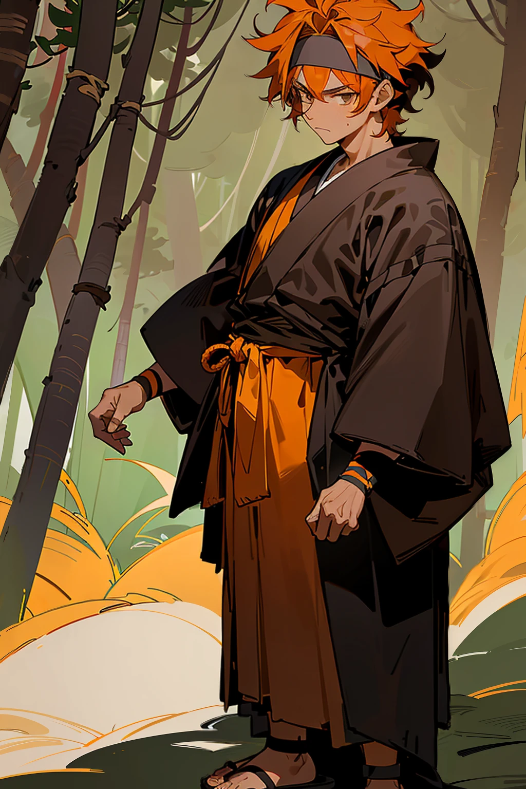1male, teenager, age 19, lean muscle, orange hair, (((black headband, messy hair,))) dull orange eyes, calm expression, black robes, black haori, sandals, ninja outfit, (((caramel skin, brown skin,))) standing on path, hands to side, ((forest background, detailed background,)) detailed face, facing viewer, standing still