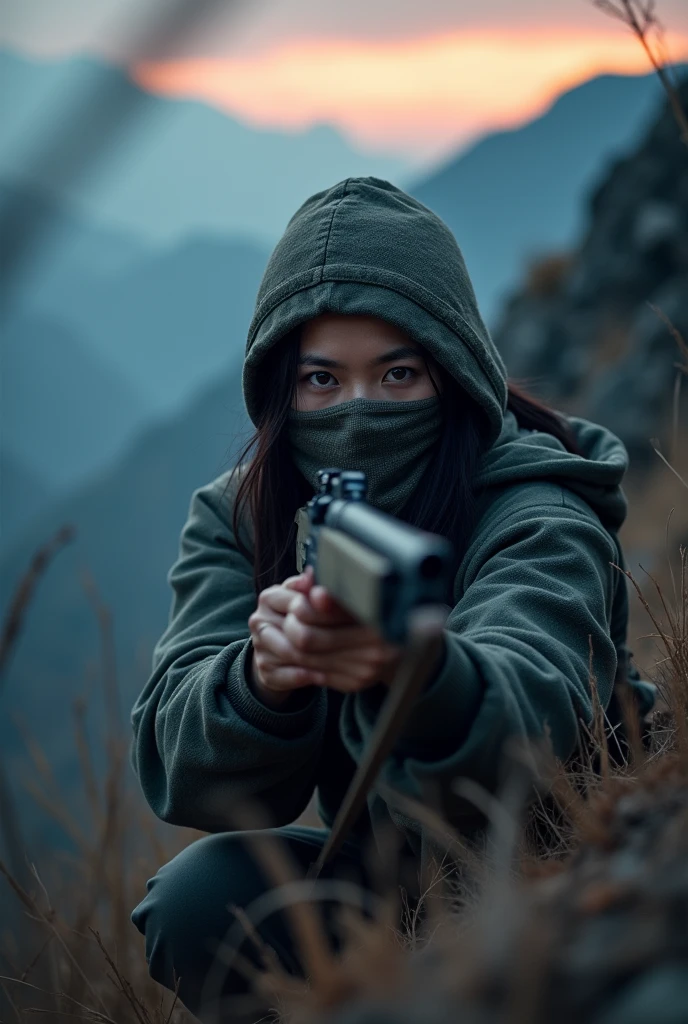 Create an image of a Chinese female sniper with a cloth mask covering her face.