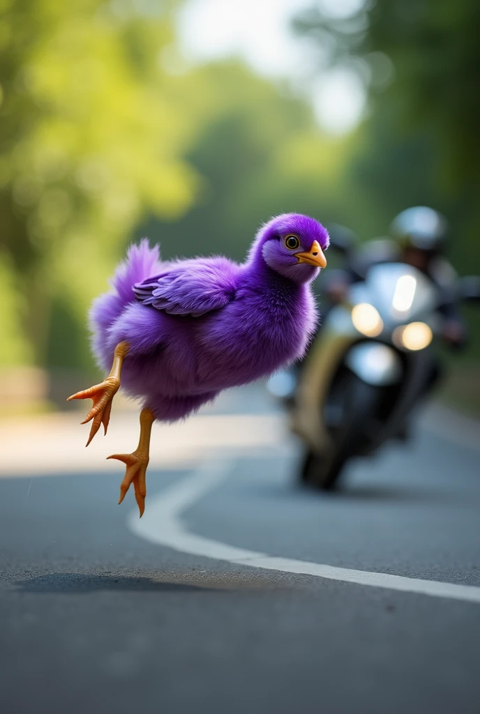 Purple chick doing a backflip, dodging a moving motorcycle photorealistic