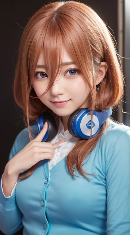 Highest quality, 8k, Ultra-detailed, Tabletop, Highest quality, Ultra-high resolution, Highest quality, five-minute bride, miku nakano, Wear headphones, Hair that grows to the shoulders, Chestnut Hair, (uniform:1.3), Upper Body, Dress shirt, Blue cardigan, Troubled smile