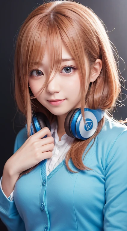 Highest quality, 8k, Ultra-detailed, Tabletop, Highest quality, Ultra-high resolution, Highest quality, five-minute bride, miku nakano, Wear headphones, Hair that grows to the shoulders, Chestnut Hair, (uniform:1.3), Upper Body, Dress shirt, Blue cardigan, Troubled smile