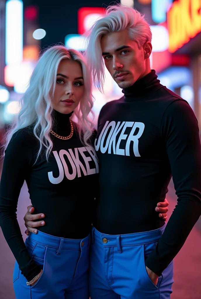 Character couple wearing black turtleneck shirts with white Joker name and I'M Myaah blue angel pants, white hair