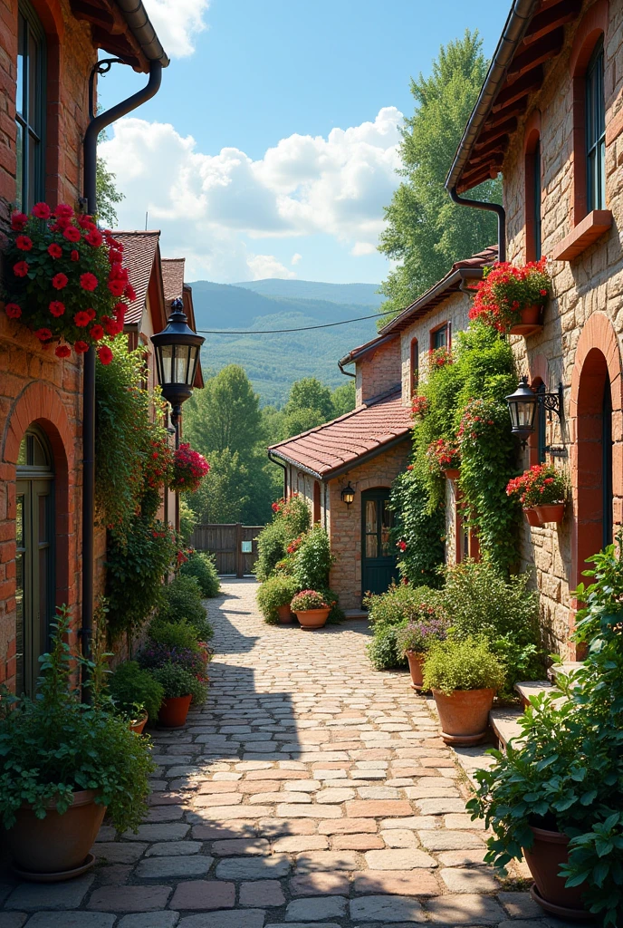 Small village with brick and stone houses, with a small square and various plants and decorations