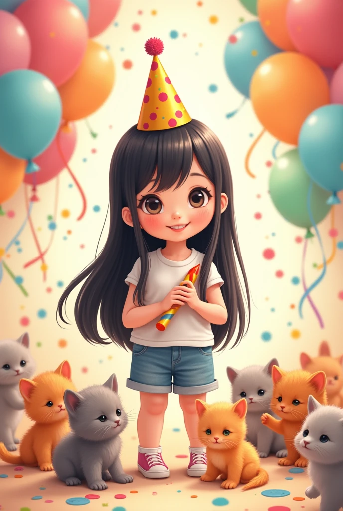 For my friend Catherine's birthday, put her with kittens , In Spanish, Catherine is light brown, she measures 1.45 she is 19 years old with long, straight black hair and a party hat at a cute birthday party for Catherine in 2d. 
