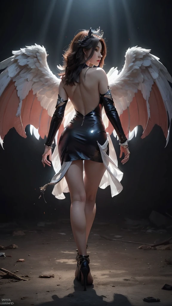 An angel and a demon in one: A female character with angel wings and demon wings, clearly separated themes. The angel has 12 beautiful white wings. These wings extend from the middle of the back, on top. The wing feathers are slightly curved for a natural look. Below are the demon wings (Succubus) deep black 12 wings. The shape resembles bat wings. They are strong and sharp, extending from the middle of the back, on the bottom. White skin, long straight black hair. Graceful standing posture. Beautiful face with blue eyes. Red lips, sexy. Light blush. Tight dark dress, enhancing the bust. Large breasts, small waist, raised hips, long legs. Wearing delicate jewelry and minimal armor. Horn-like crown sprouting from the head. Rainbow glow behind her. High detail on the face and limbs. Powerful energy flowing from the body. Dark background but with light shining through. Focus on the beautiful wings. The wings are sparkling, distinctly separated. White wings and black wings. The character floats in the air with a graceful pose..