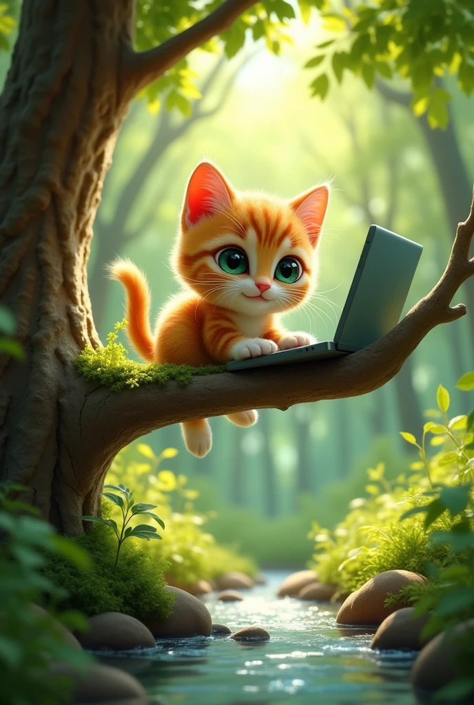 a smiling cute kitten playing with a computer, sitting on a tree branch in a forest next to a river, beautiful detailed eyes,beautiful detailed lips,extremely detailed eyes and face,longeyelashes,1 cat,cute,adorable,playful,whimsical,natural light,scenic,lush forest,stream,tree branch,realistic,photorealistic,photo-realistic:1.37,best quality,8k,highres,masterpiece:1.2,ultra-detailed,vivid colors,studio lighting,professional,physically-based rendering. Estilo Disney Pixar