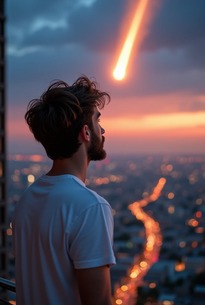 A young brunette with hair reaching his ears and a short beard, He wore a white t-shirt, Watch from the terrace of a building a meteorite falling towards the city