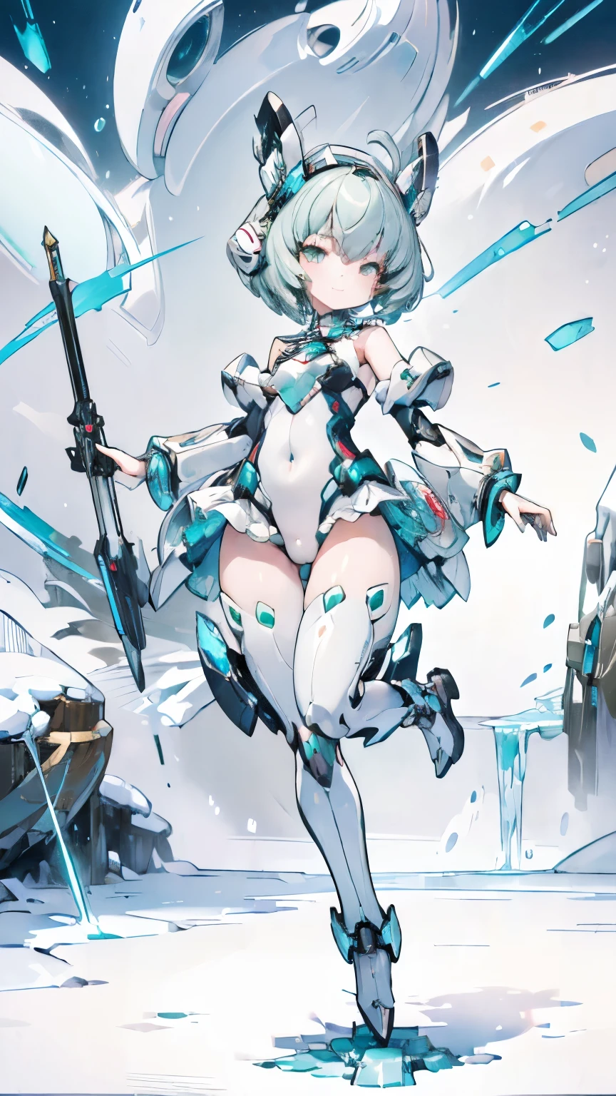 (masterpiece:1.2) , (Highest quality:1.2) , (Very detailed:1.2), 2.5D, (figure), ((Very delicate and beautiful)), Perfect Anatomy, Exact ratio, girl, tobler, short, small, smile, pale jade, ((full body shot)), ((erotic)), ears−shaped headset, ((factory)),