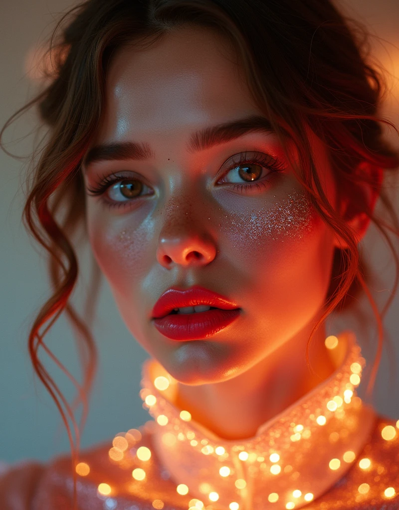 A hyper-realistic close-up portrait of a person with sparkling eye makeup, bright red lipstick, and freckles. The skin has a natural, dewy glow. The person is wearing a glittery, shimmering outfit that catches the light, creating a bokeh effect. The background is blurred to emphasize the facial features and makeup. The lighting is soft, highlighting the contours of the face and adding a magical, ethereal quality to the overall image.