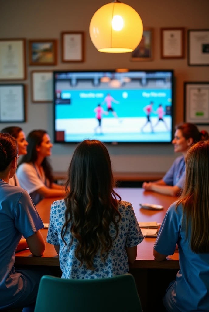 All the lady doctors sit in one room and watch TV and the Olympic Games come on the TV