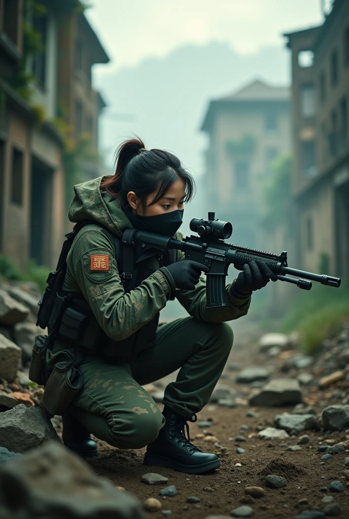 Create an image of a Chinese female sniper with a cloth mask covering her face.