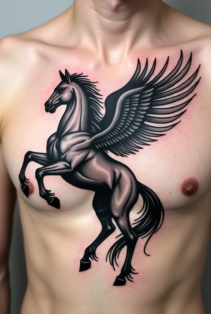 Blackwork style tattoo, pegasus only on the right chest