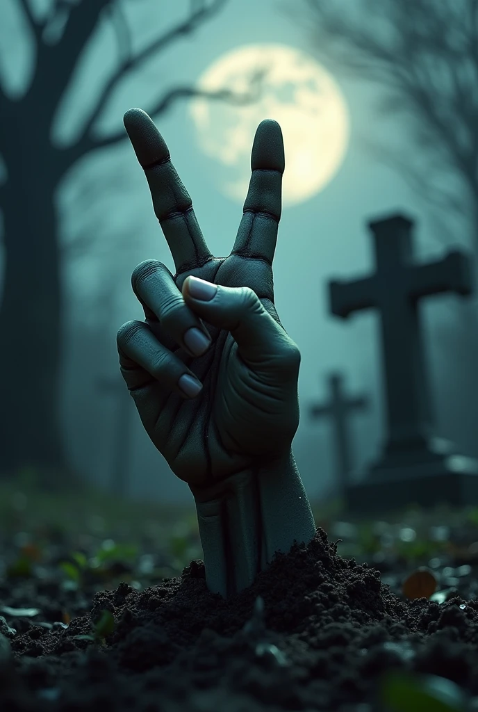 create an image of a hand coming out of the tomb showing the middle finger in a cemetery, with fog in the background to give a tone of cold and death