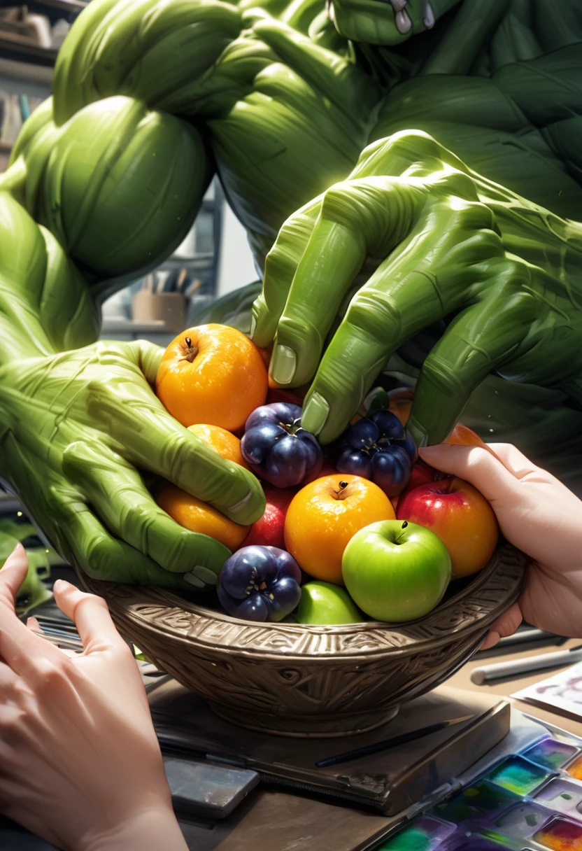 (hand) The Incredible Hulk is handling some fruit in a fruit bowl, close up on the Hulk's hands, focus on the Hulk's hands, art studio