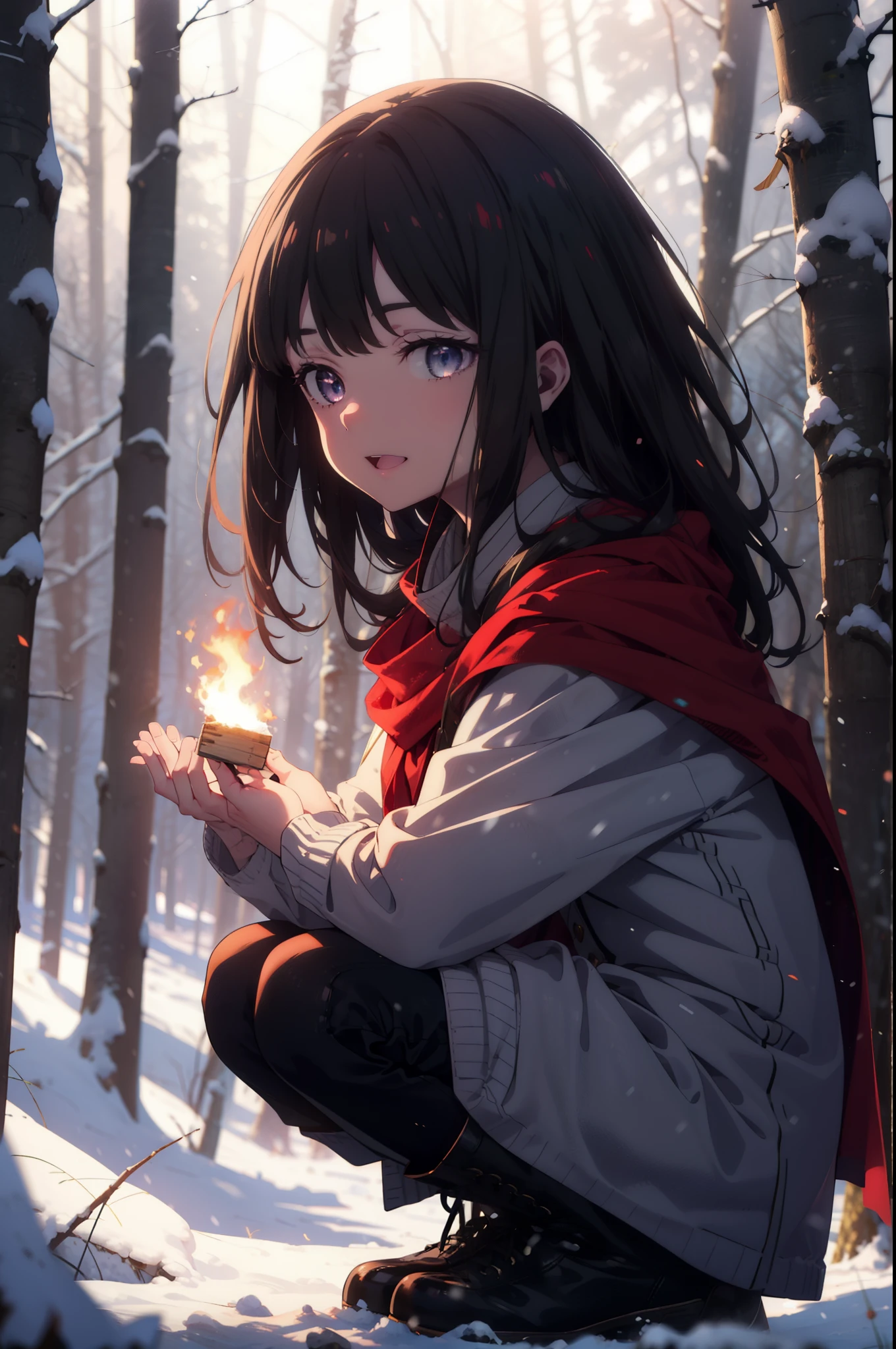 Takiuchi, Inoue Check, Long Hair, bangs, Black Hair, (Purple eyes:1.2),smile,
Open your mouth,snow, fire, Outdoor, boots, snowing, From the side, wood, suitcase, Cape, Blurred, forest, nature, Squat, Cape, winter, Written boundary depth, Black shoes, red Cape break looking at viewer, Upper Body, whole body, break Outdoor, forest, nature, break (masterpiece:1.2), Highest quality, High resolution, unity 8k wallpaper, (shape:0.8), (Beautiful and beautiful eyes:1.6), Highly detailed face, Perfect lighting, Highly detailed CG, (Perfect hands, Perfect Anatomy),