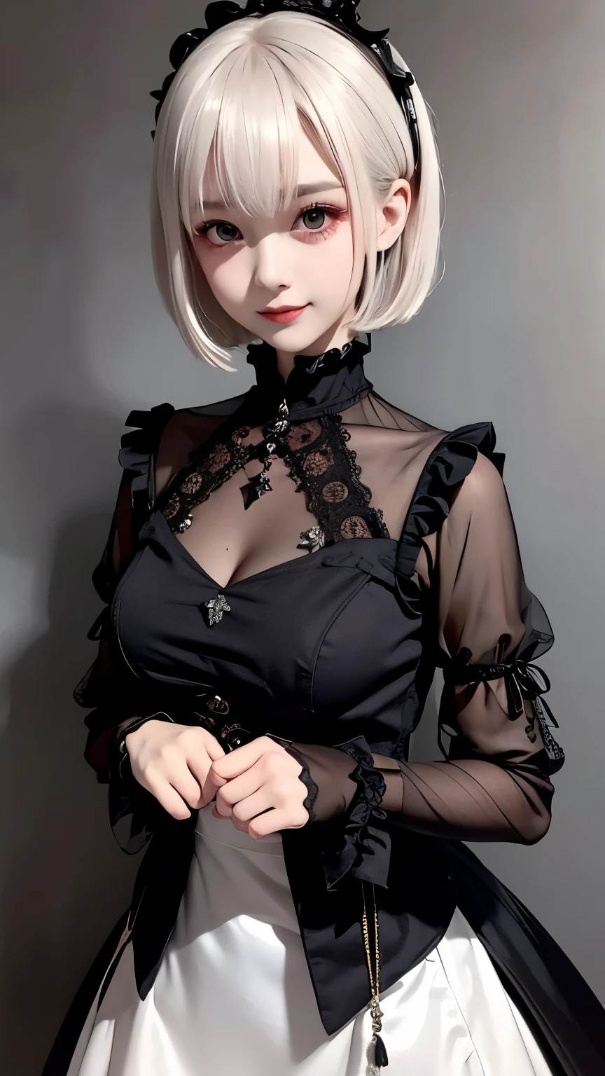 Please draw a super beautiful girl with short white bob hair wearing a gothic lolita outfit.。She exudes an elegant and dark vibe.、She exudes a unique beauty in Gothic Lolita fashion.。Her white hair is tied up in a neat short bob.、It highlights her individuality and sophisticated beauty.。

Her gothic lolita outfits are dark and luxurious in design.、It brings out her elegance and mysterious charm.。Lace and ribbon、Accents such as ruffles、It is a hallmark of her Gothic Lolita style.。Her pose is graceful、It expresses her deep worldview hidden inside her.。

Her eyes shine with mystery、Combined with her charming smile、It highlights her individuality and charm.。Her smile has a unique charm、She shows her confidence and sophisticated beauty in Gothic Lolita fashion.。Her appearance is美しく、Her presence stands out in the world of Gothic Lolita.。

This super beautiful girl with white short bob hair and gothic lolita style is、It has a unique charm and sophisticated beauty.。Her appearance is、Her presence and charm in the world of Gothic Lolita fashion are fused together.、It&#39;s a fascinating and mysterious sight.。