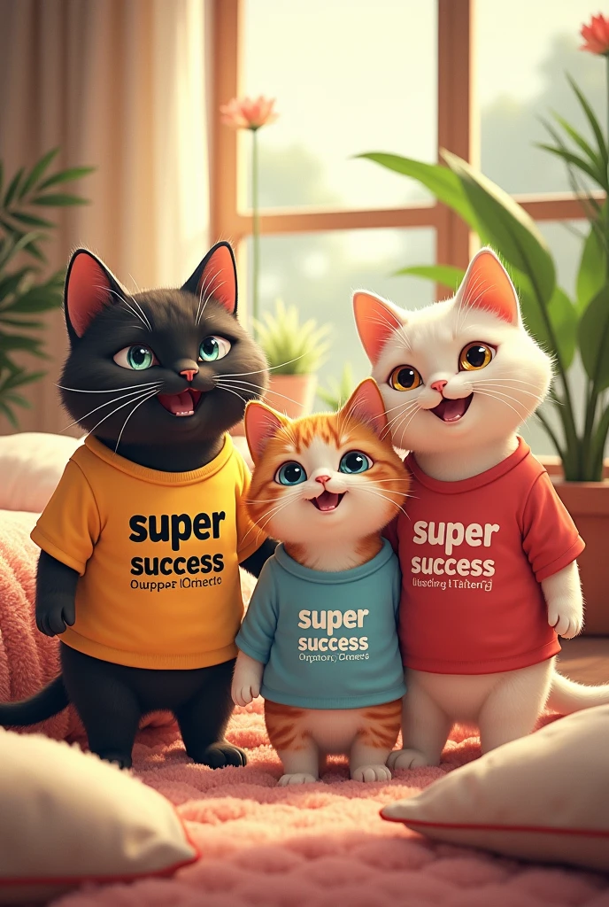 I want an anime-style image of a family of cats dressed in fashionable clothes with the word 'super success' on their clothing. The image should be cute and have a warm environment.