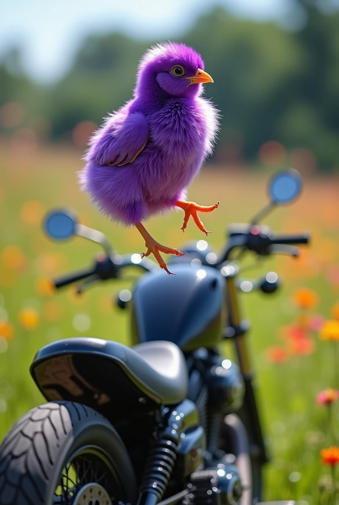 Realistic photo purple chick upside down in the air, with motorcycle underneath it