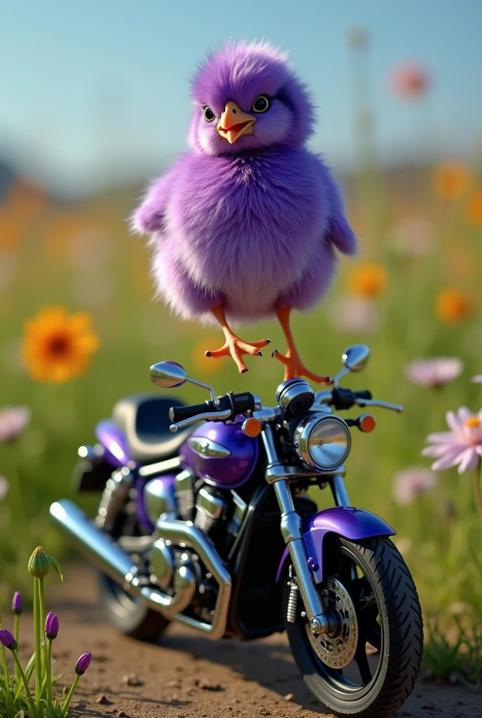 Realistic photo purple chick upside down in the air, with motorcycle underneath it