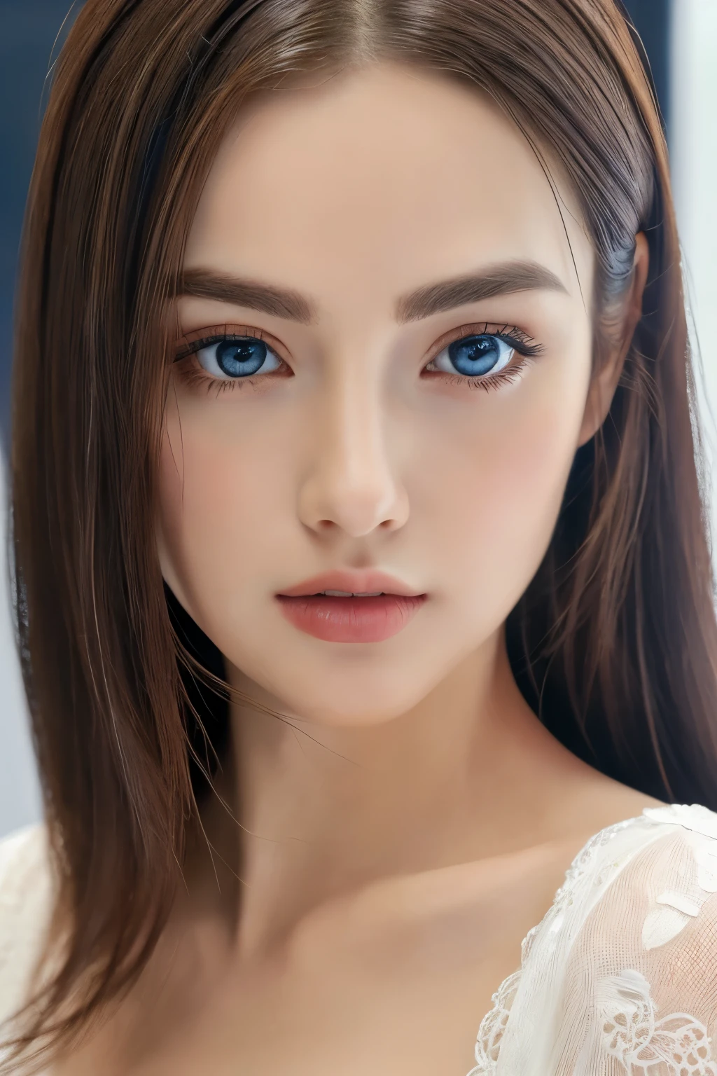 (((32k,high details,high detail、masterpiece,attention to detail,alone))),Raw photo & realistic atmosphere,beautiful dark blue eyes,detailed mouth,glossy lips,thin eyebrows,fine eyes、Soft white skin that shines in every detail、Her deep black eyes are very beautiful,lip details、very beautiful face,very well-shaped face、lifelike face,shining beautiful lips,beautiful eyebrows,infinite reality, Realistic Young idol sculpture,she'she'she'she'she'she'she's a very cute woman , idol sculpture, Young idol sculpture, Very beautiful and cute 22 year old beauty,incredibly beautiful and classy,22 year old beauty,natural soft light,(shiny hair,,Beautiful and kind eyes:1.5),gentle smile,well-shaped chest,medium long hair,beautiful posture,no makeup,think ahead,whole body,