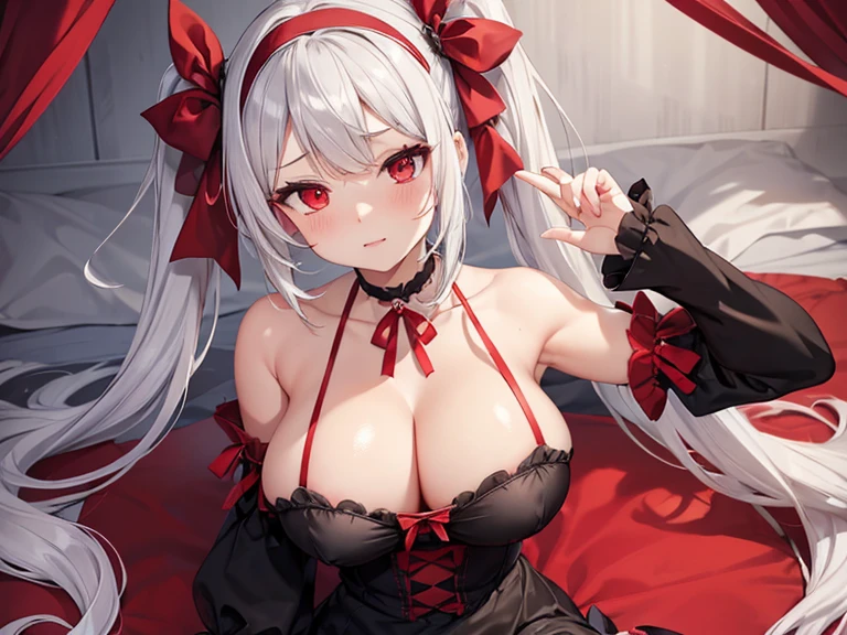 nsfw, aakurumi, silver hair,long hair, twintails, hairband, heterochromia, huge breasts, red ribbon,cleavage, black choker, bare shoulders, gothic, red dress, red bow, detached sleeves, show off nipple, revealing clothes,female masturbation