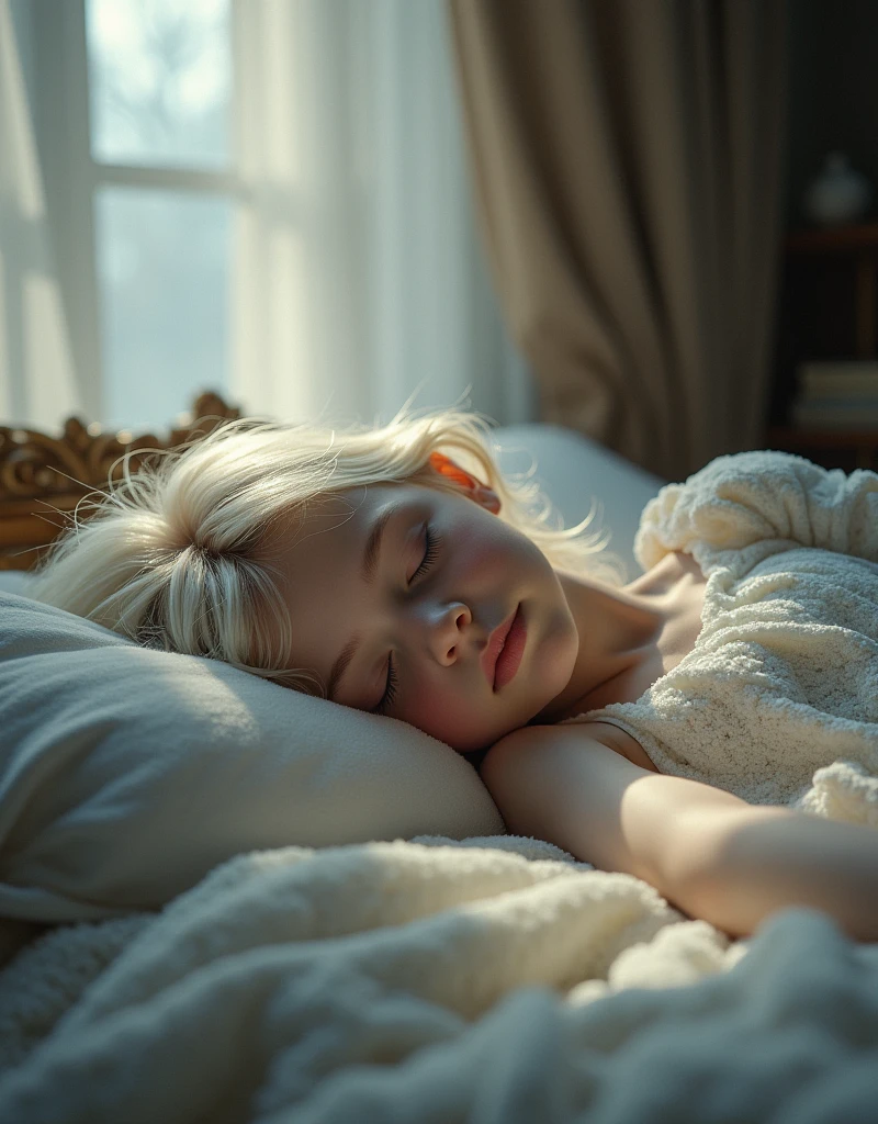 Masterpiece, anime girl,Top Quality, Super Detail, 8K, Detailed Light, Detailed Shadows, RAW, (Detailed Skin), (Real: 1.2),, 1 Nordic girl, face, (), white hair, sleeping on a plush bed, night dress