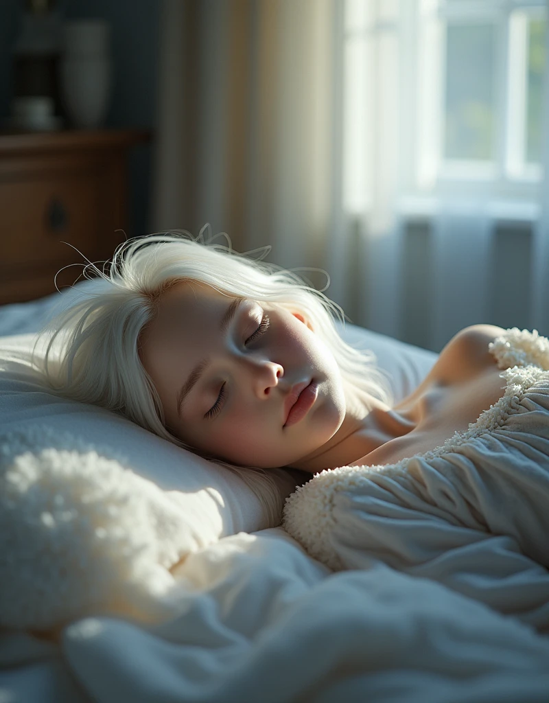 Masterpiece, anime girl,Top Quality, Super Detail, 8K, Detailed Light, Detailed Shadows, RAW, (Detailed Skin), (Real: 1.2),, 1 Nordic girl, face, (), white hair, sleeping on a plush bed, night dress