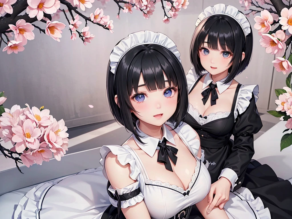 (((clone girls art))), (((Ultra HD, Highest quality, Ultra-high resolution))), (((((Maid clothes:1.7))))), Women, Small face, (((((Thick black hair, short hair:1.9))))), (Cute expression, A gentle gaze), ((smile:1.5)), (Big Breasts, Cleavage:1.5), ((Very detailed, 1girl, cloning:1.6)), (((6+girls:1.8))), (((Very detailed, Perfect same person, 100 people:1.8))), (((Western-style garden, A beautiful sight of blooming flowers))), top view, Perspective