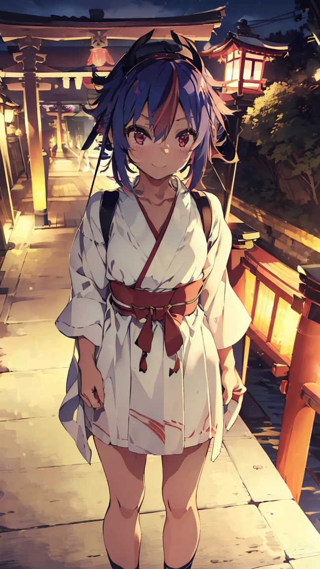 masterpiece, Highest quality, High resolution, Very detailed,(((Mikoto Naruka))), (((smile)))、(((Standing in the distance))), (((yukata))), (((On Bridge))), (((Red railing))), (((Lantern))), (((torii))), (((night))), (((Multicolored Hair))), (((horn))), (((Pink Eyes)))