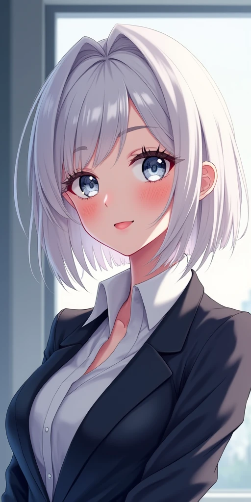 (best quality, ultra-detailed, photorealistic: 1.39), bright and vibrant colors, studio lighting, romantic expression, An effeminate girl, with a delicate and beautiful face. She is a girl who reflects seductive beauty, sparkling silver eyes, extremely beautiful woman, beautiful smile, perfect pink lips, a modern woman with white hair, bob, sidercute, business woman, female business suit, office, she has a curvy body, seduction, beautiful smile, perfect pink lips, she is in love, anime style, Anime