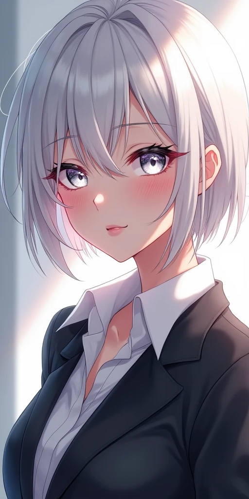 (best quality, ultra-detailed, photorealistic: 1.39), bright and vibrant colors, studio lighting, romantic expression, An effeminate girl, with a delicate and beautiful face. She is a girl who reflects seductive beauty, sparkling silver eyes, extremely beautiful woman, beautiful smile, perfect pink lips, a modern woman with white hair, bob, sidercute, business woman, female business suit, office, she has a curvy body, seduction, beautiful smile, perfect pink lips, she is in love, anime style, Anime
