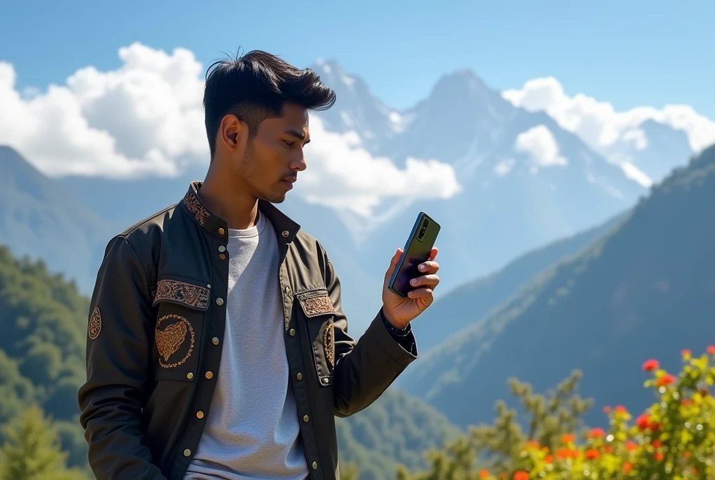 A 30 years old Nepali Boy holding a phone named Samsung S24 ultra