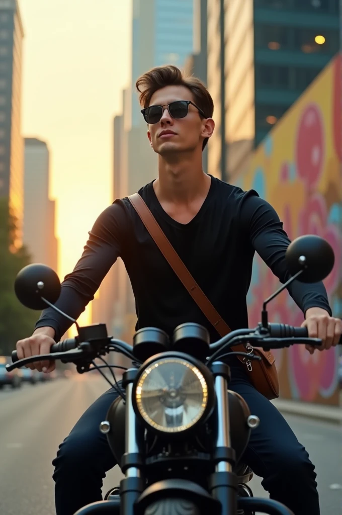 Young man on motorcycle with long sleeve shirt and small bag