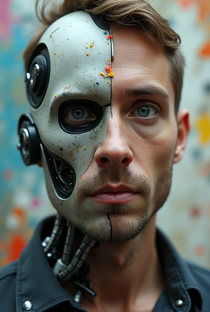 Men hand colour brush half face robot half artist grey eyes
