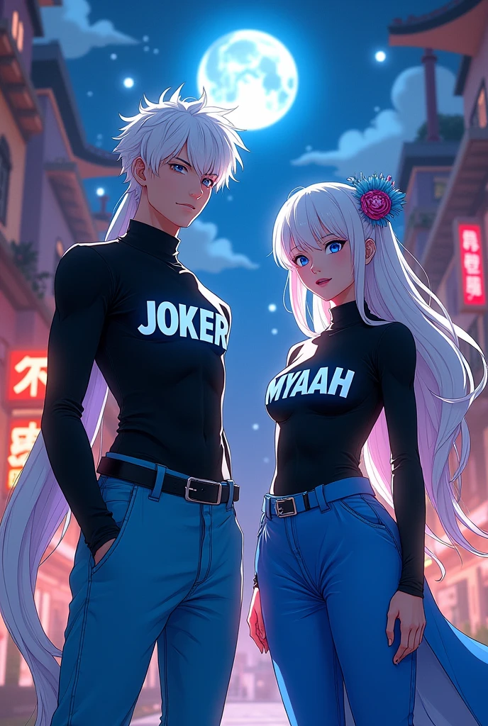Character couple wearing black turtleneck shirts with the names Joker and Myaah in white, blue angel pants, white hair, anime style.