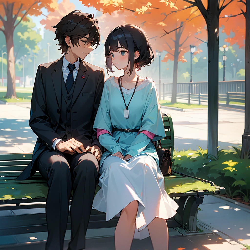 man and two woman sitting on a park bench , RAW