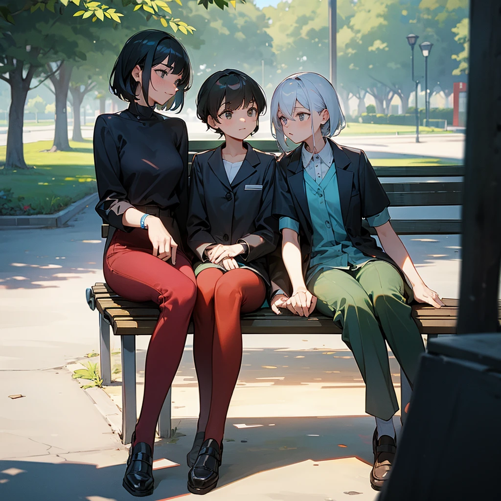 man and two woman sitting on a park bench , RAW