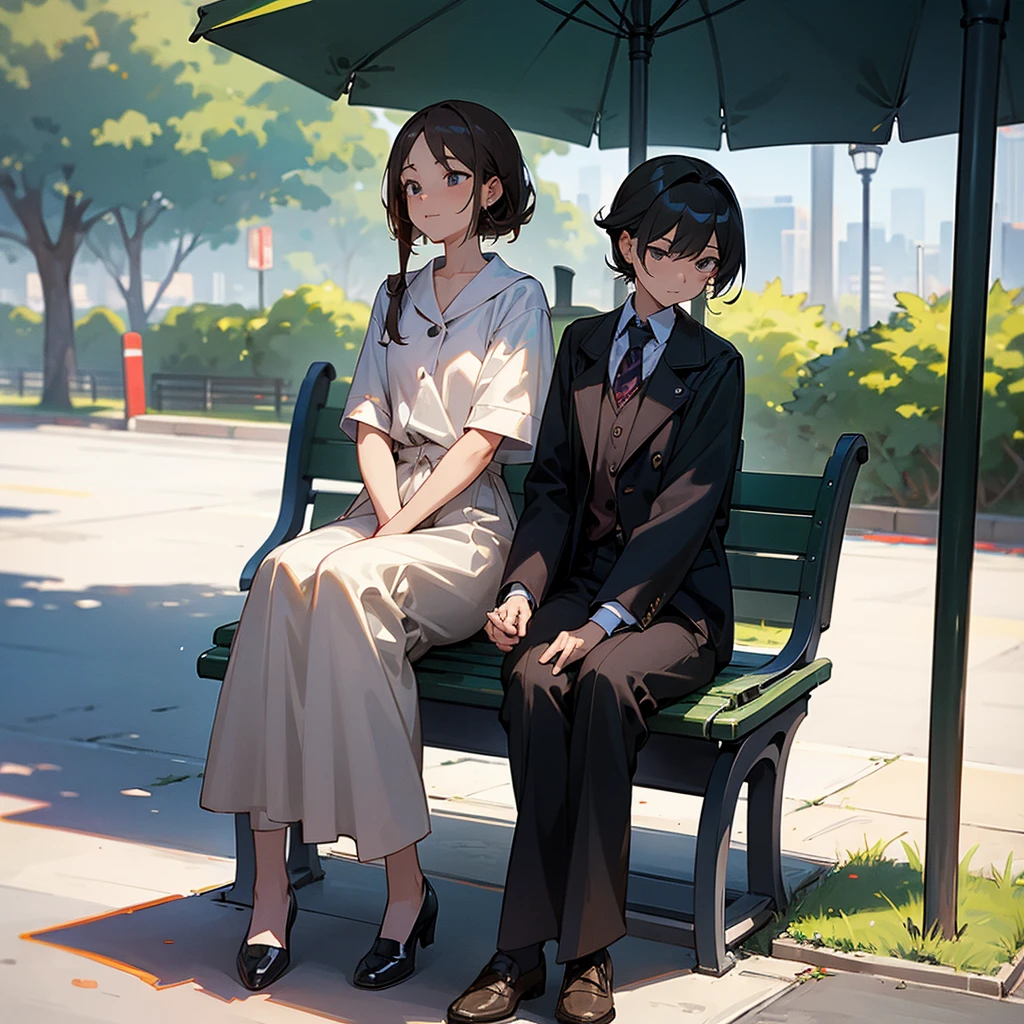 man and two woman sitting on a park bench , RAW