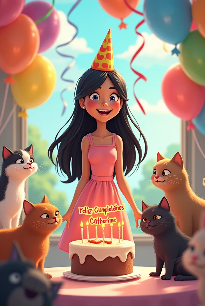For my friend Catherine's birthday, put her with cartoon cats
a cake and a happy birthday Catherine sign, In Spanish Catherine is brunette she is 1.45 she is 19 years old with long, straight black hair and a party hat at a cute birthday party for Catherine in 2d.