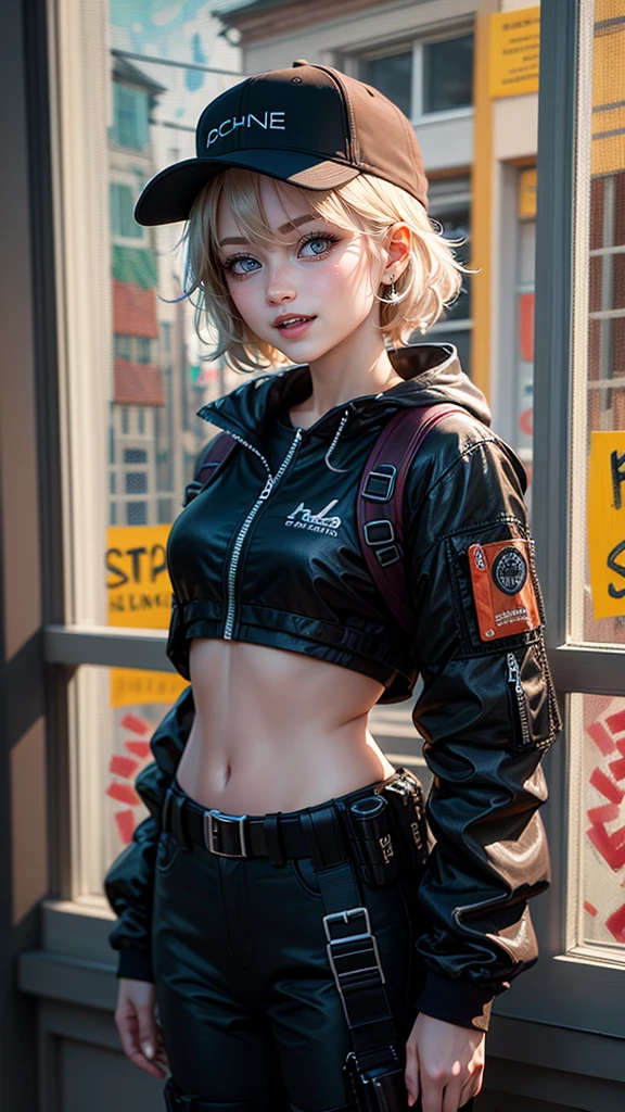 masterpiece, Highest quality, 4K, Ultra-high resolution, mishoujo, Painting, Beautiful eyes and fine face, figure, Beautiful details, high resolution figure, Shine_white_particle, One person, white hair, Light purple eyes, Hair on one eye, Short side details, Baseball cap,Expressionless, Window Shades, Black jacket, Chest Rig, cyber punk, Techwear,(Impressionism:1.4)