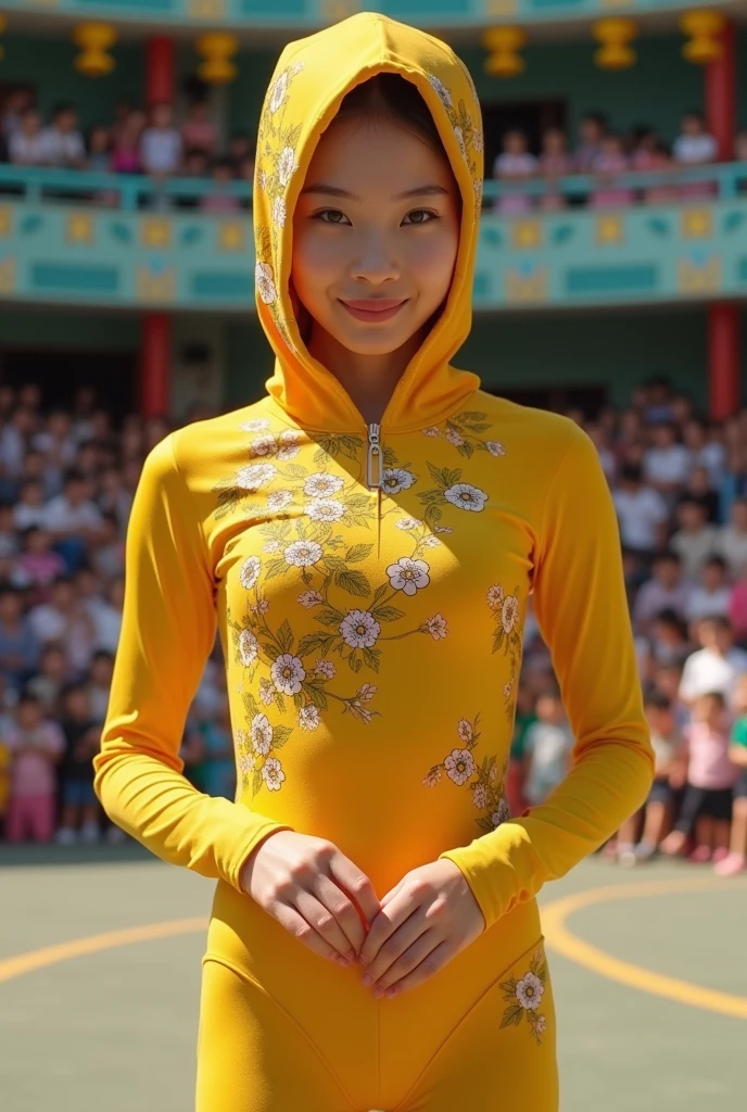 The beautiful and thinest Chinese ager girl with beautiful cheeks wears and yellow floral print lycra footed turtleneck unitard catsuit covered with many floral patterns.She always wear floral print lycra elastane stretchy dancewear hijab-like zentai hood.She is happy at school performance.She is take part for contortion as contortionist.