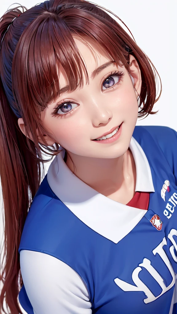 (((Cowboy Shot、female solo shot、oil、Pure white wall background、masterpiece、Highest quality、High resolution)))、Redhead、Side ponytail hair、(((Soccer uniformsを着ています)))、(((blue and red uniform)))、Fashionable hairstyles、Red cheeks、((No shadow、Frame In))、Cute Face、((Small breasts))、Laughing、Smiling face、((Thumbing up))、(((Soccer uniforms)))、