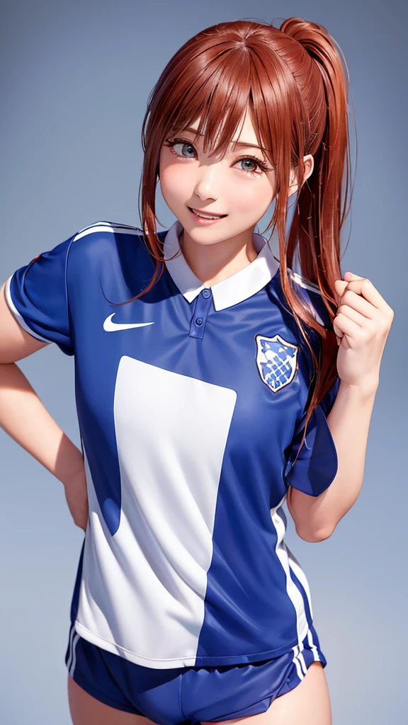(((Cowboy Shot、female solo shot、oil、Pure white wall background、masterpiece、Highest quality、High resolution)))、Redhead、Side ponytail hair、(((Soccer uniformsを着ています)))、(((blue and red uniform)))、Fashionable hairstyles、Red cheeks、((No shadow、Frame In))、Cute Face、((Small breasts))、Laughing、Smiling face、((Thumbing up))、(((Soccer uniforms)))、